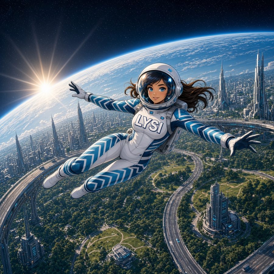 Lysi in her white and blue chevron spacesuit, flying over Elysium